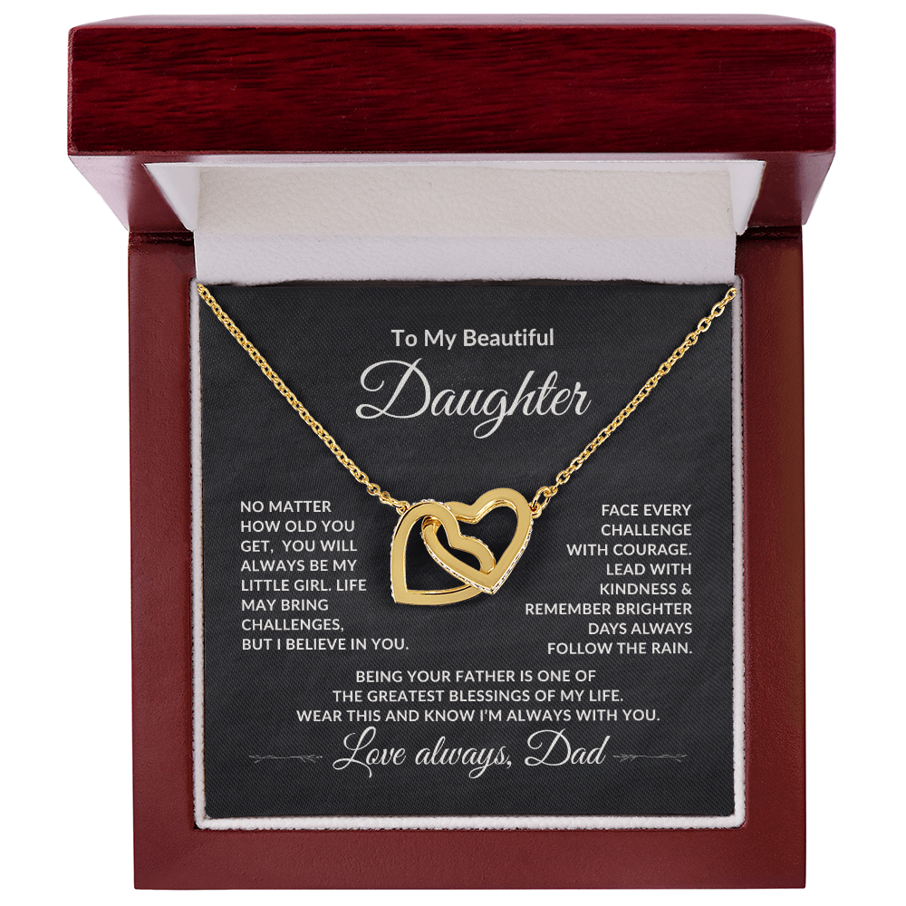 Meaningful keepsake gift for Daughter from Dad featuring Interlocking Hearts Necklace in a Mahogany-Style Luxury Box.