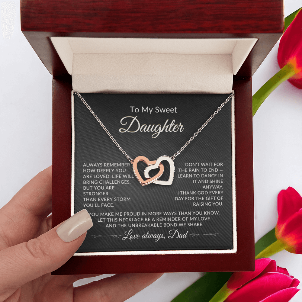 Interlocking Hearts Necklace from Dad with heartfelt message card for daughter in Mahogany-Style Luxury Box with LED light