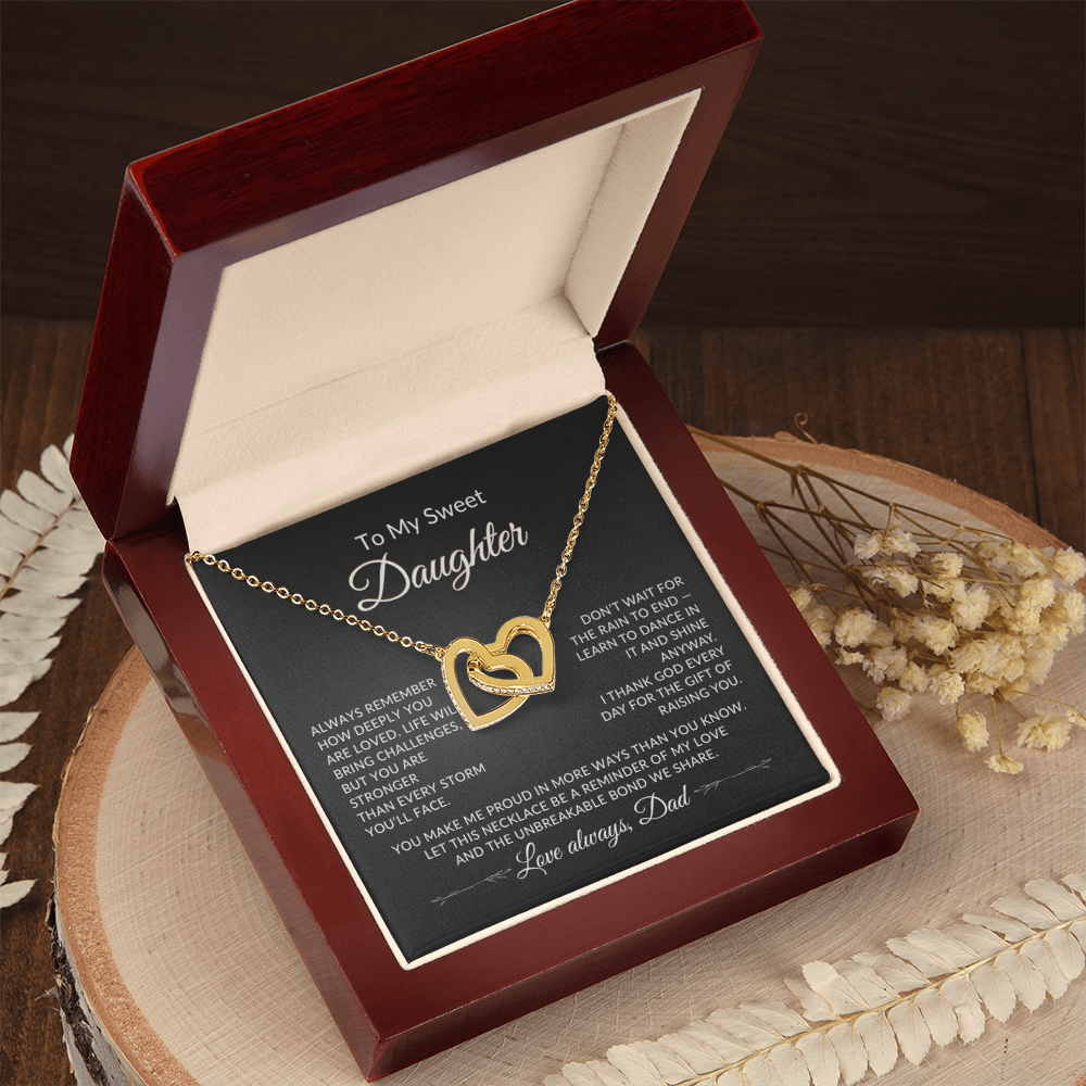 Interlocking Hearts Necklace from Dad with heartfelt message card for daughter in  mahogany-style luxury box