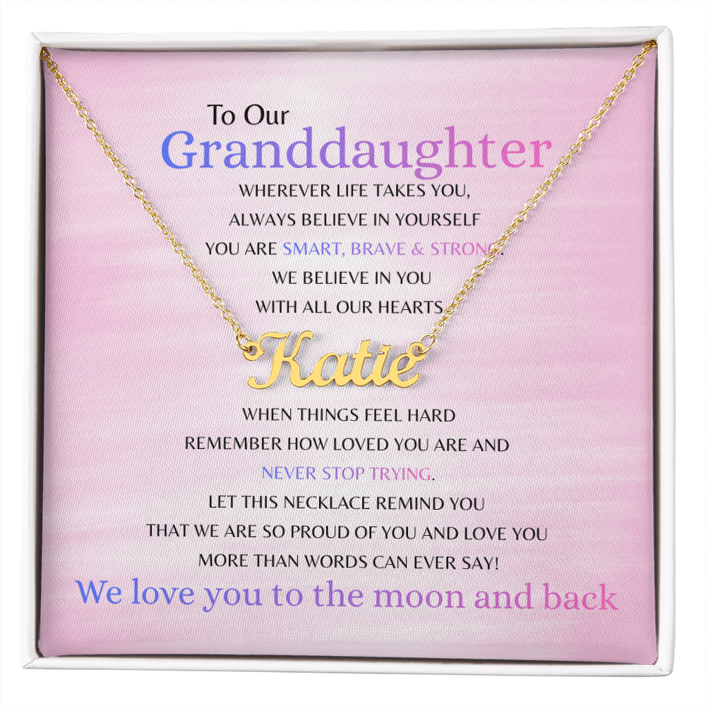 Elegant gold name necklace on message card from grandparents