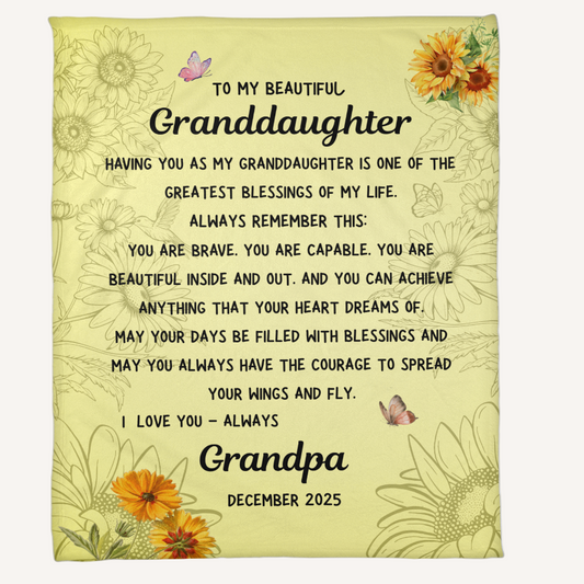 Soft fleece granddaughter blanket from Grandpa with inspirational message