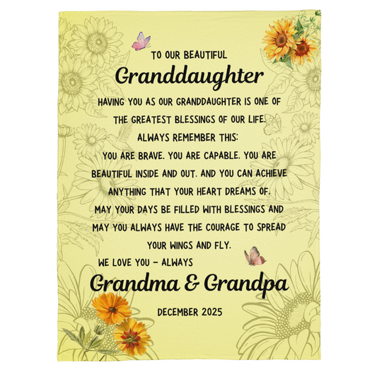 Soft fleece granddaughter blanket from Grandma and Grandpa with inspirational message