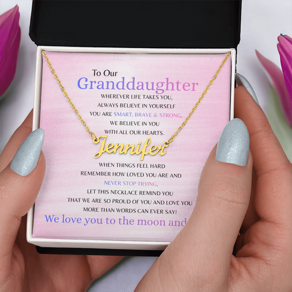 Elegant gold name necklace on message card from grandparents in gift box