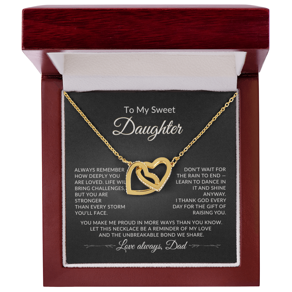To My Sweet Daughter necklace displayed in gift box with sentimental message polish surgical steel optional 18k yellow gold finish