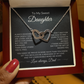 Close-up of Interlocking Hearts pendant designed as a meaningful gift for daughter in a mahogany-Style Luxury Box with LED light