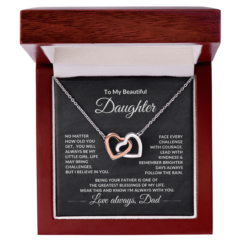 Interlocking Hearts Necklace shown with daughter message card from Dad. In a Mahogany style luxury box.
