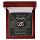 Interlocking hearts necklace displayed in luxury gift box for daughter from mom