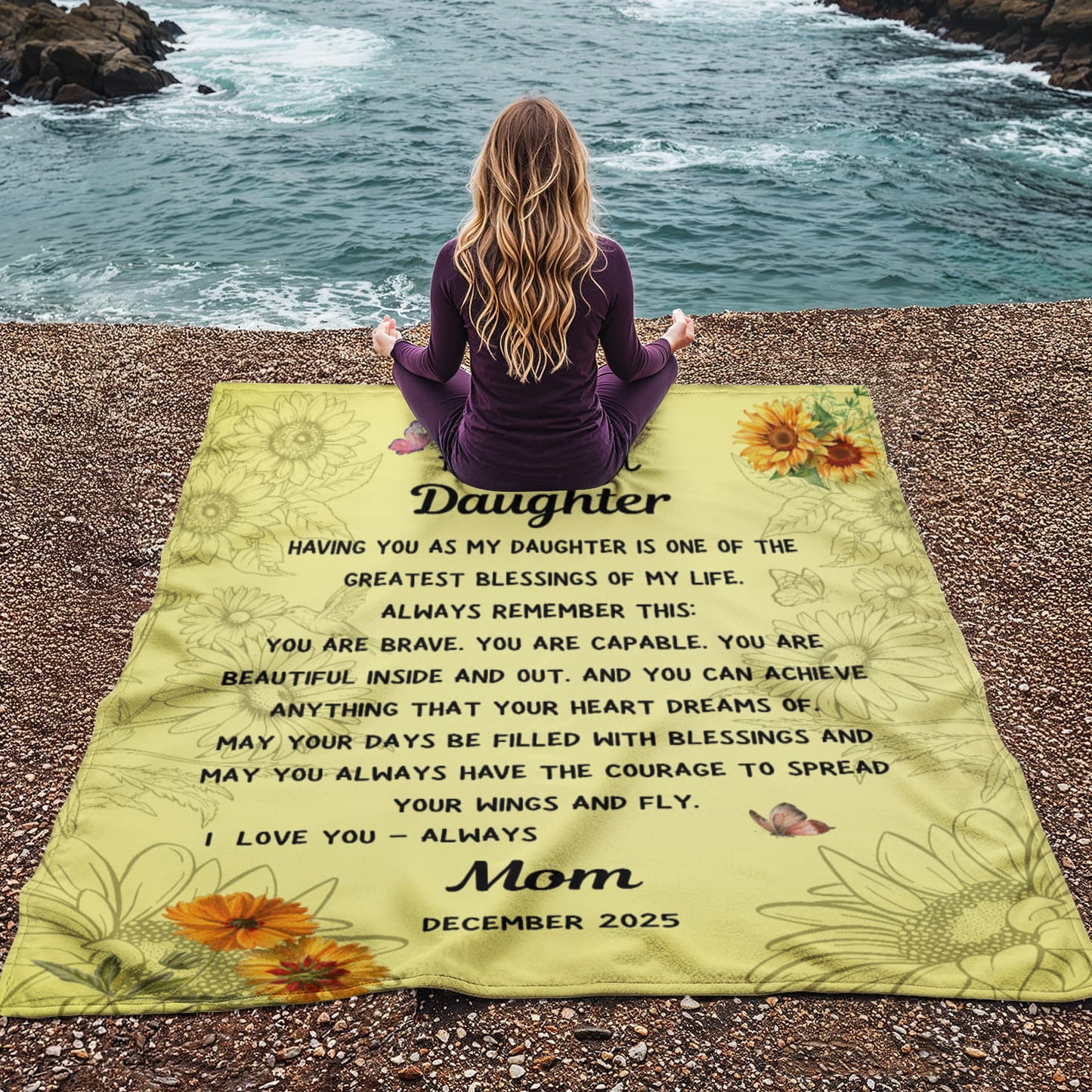 Soft fleece daughter blanket from Mom with inspirational message in a meditation scene