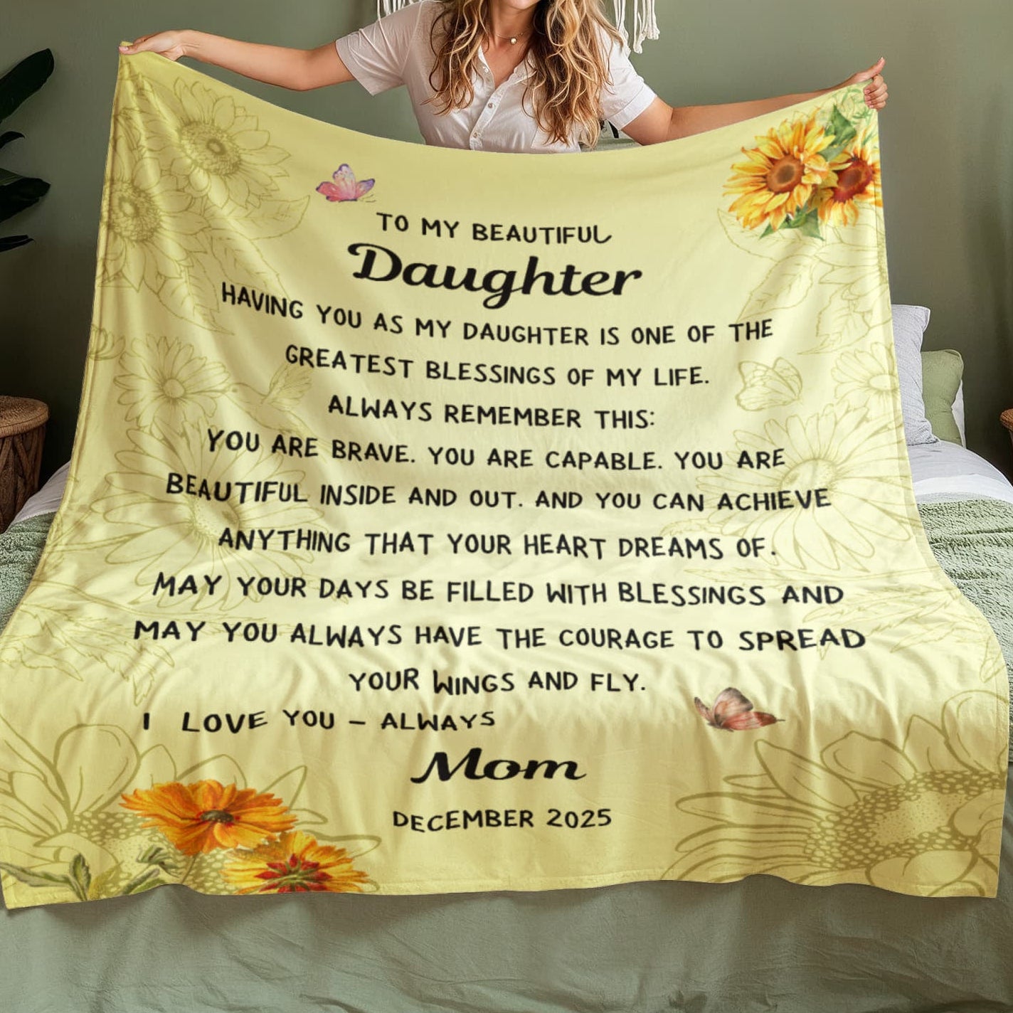 Cozy daughter blanket from Mom displayed in a bedroom setting