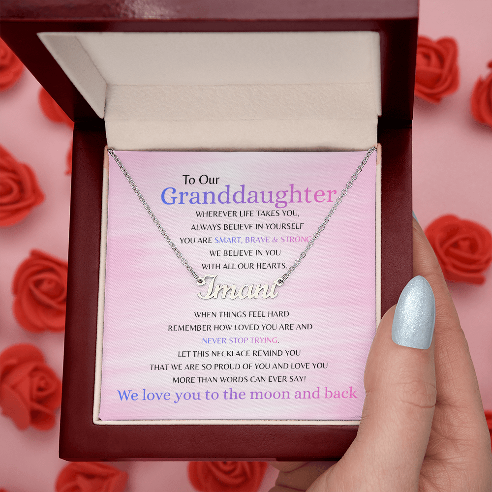 Elegant silver name necklace on message card from grandparents