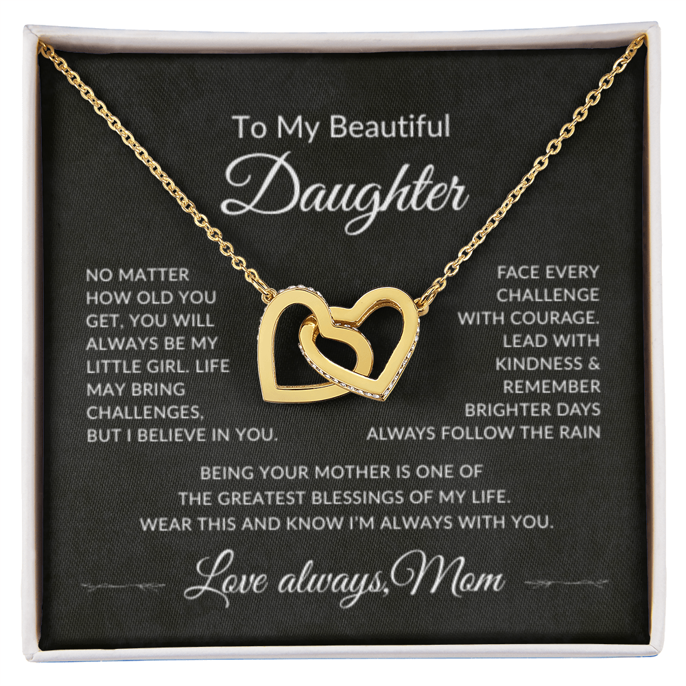 To My Beautiful Daughter optional gold overlay interlocking hearts necklace gift from mom with heartfelt message card