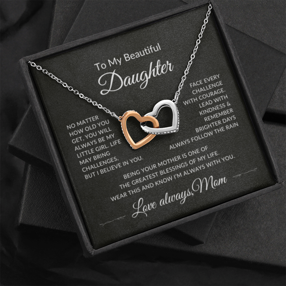 To My Beautiful Daughter interlocking hearts necklace gift from mom with heartfelt message card in black gift bax