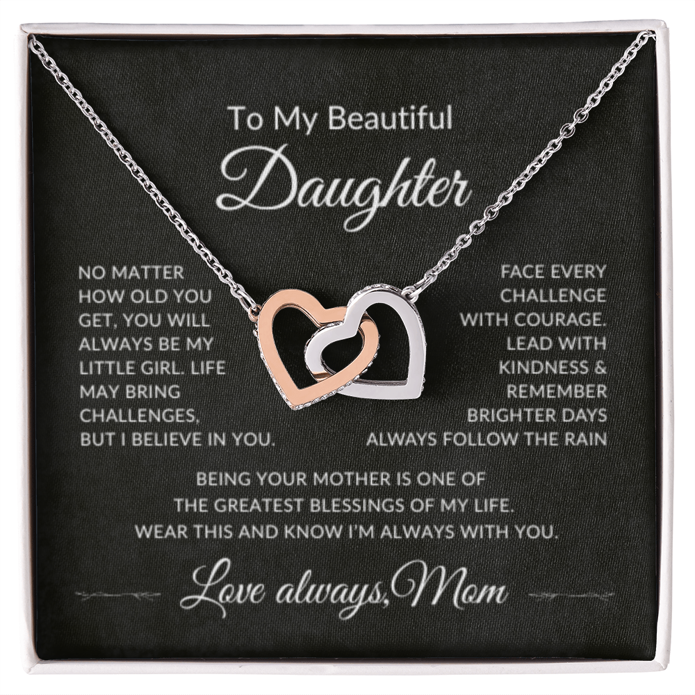 To My Beautiful Daughter interlocking hearts necklace gift from mom with heartfelt message card