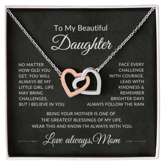 To My Beautiful Daughter interlocking hearts necklace gift from mom with heartfelt message card
