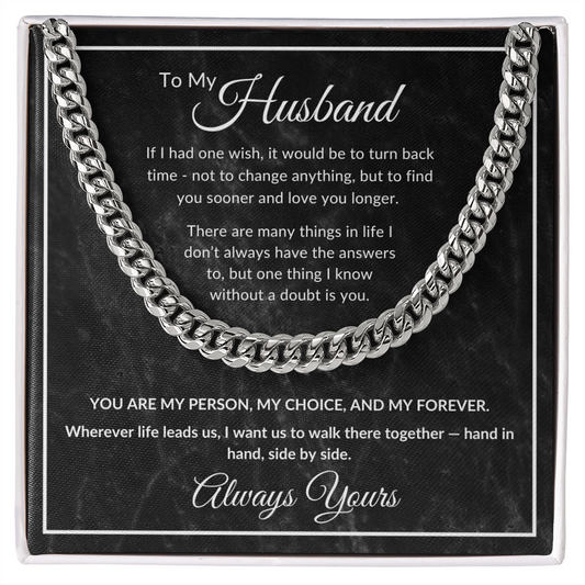 To My Husband Cuban link chain necklace with romantic love message card, meaningful gift from wife