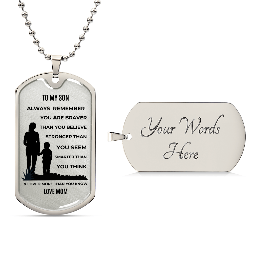 Mom to Son engraved dog tag pendant with silhouette design