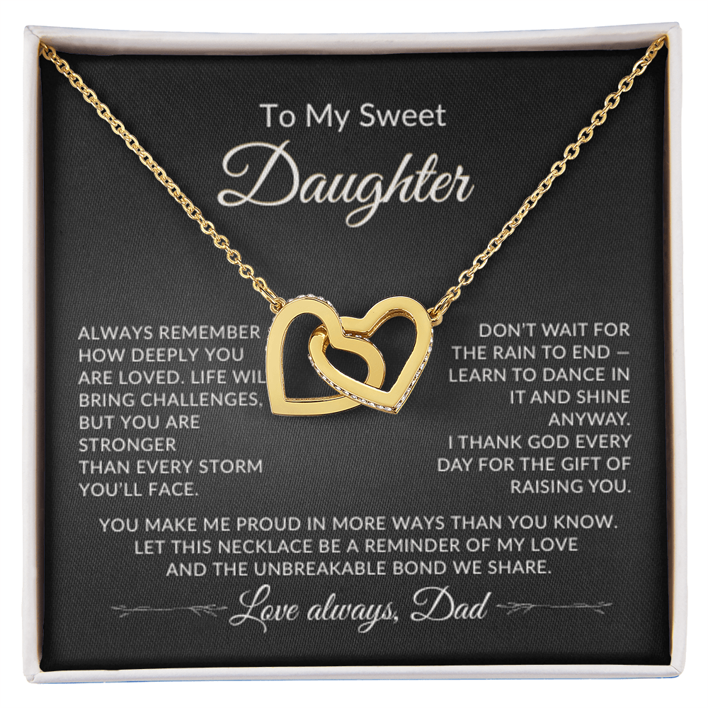 To My Sweet Daughter necklace displayed in gift box with sentimental message with optional 18k yellow gold finish