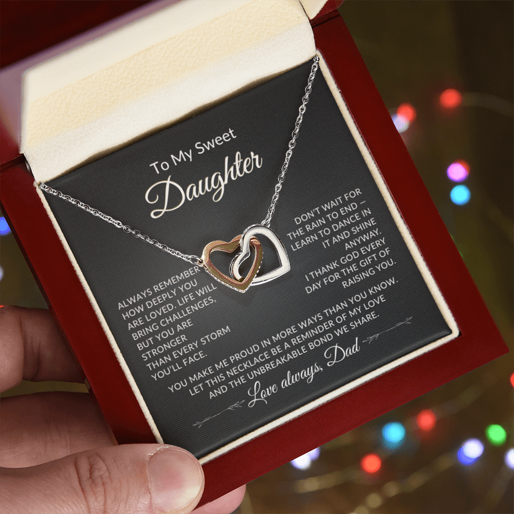 To My Sweet Daughter necklace displayed in gift box with sentimental message with polished surgical steel chain