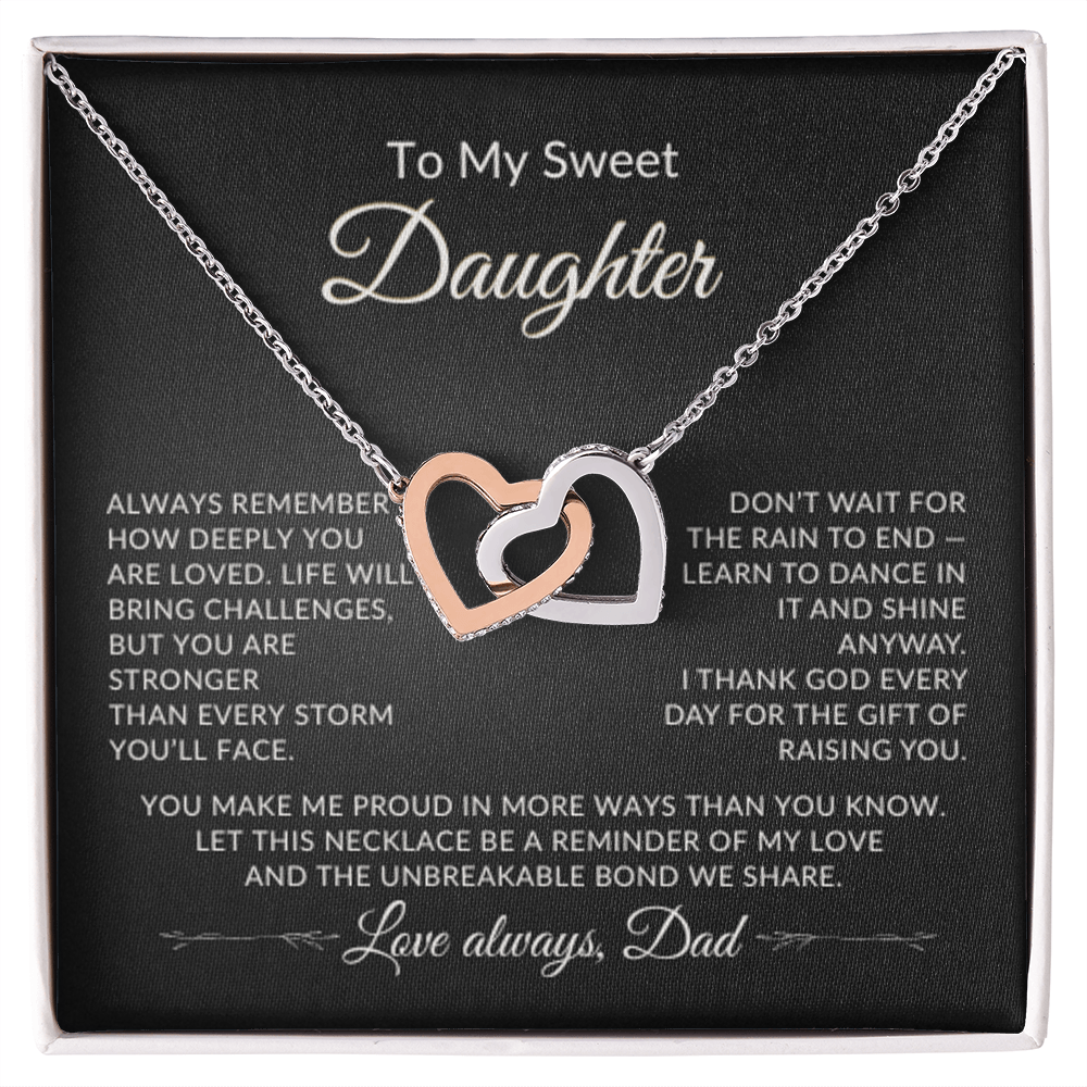 To My Sweet Daughter necklace displayed in gift box with sentimental message with high-quality polished surgical steel