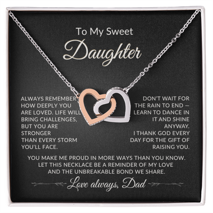 To My Sweet Daughter necklace displayed in gift box with sentimental message with high-quality polished surgical steel