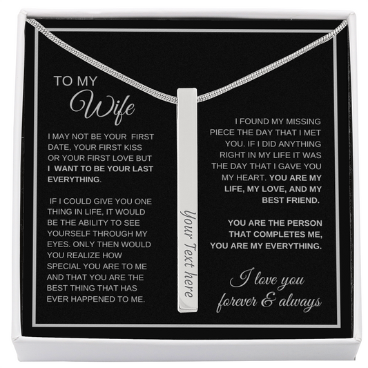 To My Wife custom 4-sided engraved stick necklace with personalized message card.