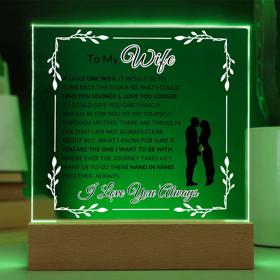 Personalized LED acrylic lamp with “To My Wife” romantic message, glowing warm green on wooden base