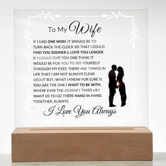 An LED acrylic lamp with a wooden base, featuring a poem dedicated to a wife with vibrant printed design on the acrylic plaque.