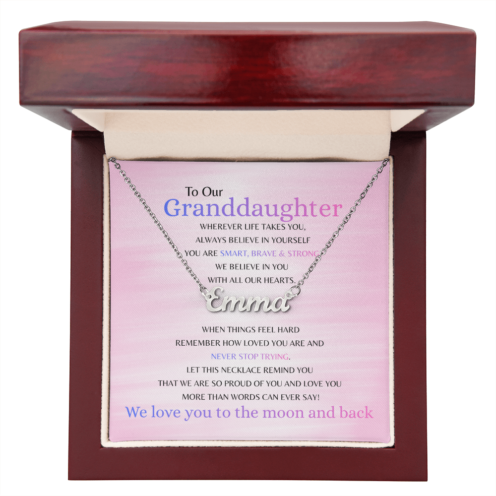 Custom name necklace with Smart Brave & Strong message card for granddaughter shown in a mahogany gift box