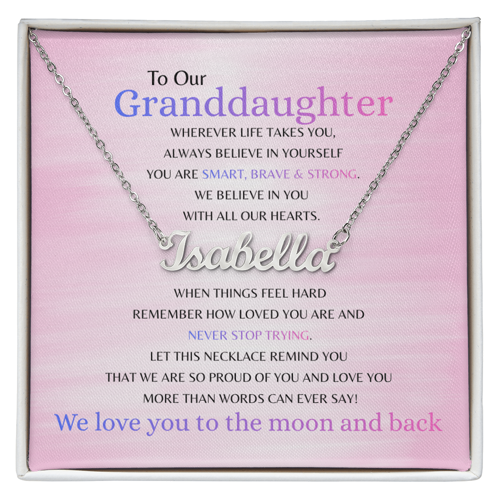 Silver custom name necklace with Smart Brave & Strong message card for granddaughter