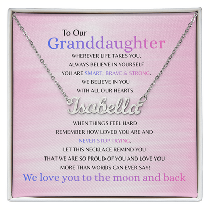 Silver custom name necklace with Smart Brave & Strong message card for granddaughter