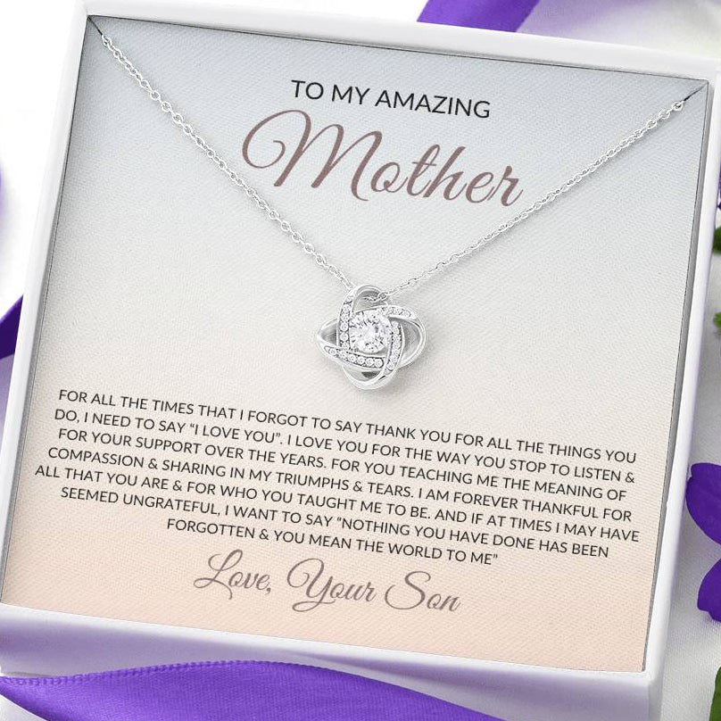 to mother from son message card with love knot necklace sllver
