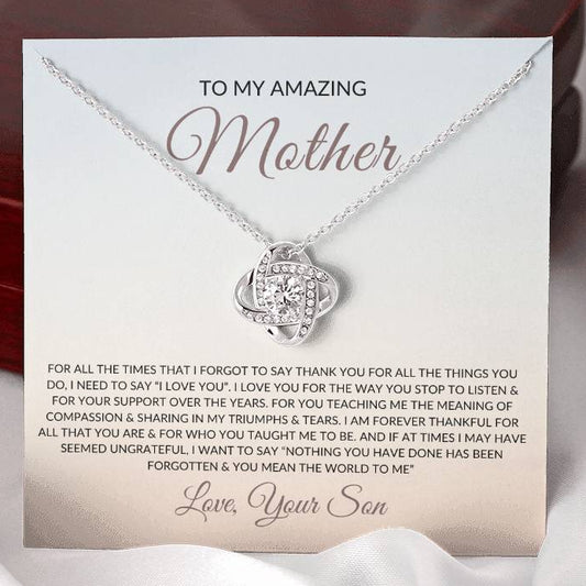 To My Amazing Mother message card from Son with a Love Knot Necklace Silver
