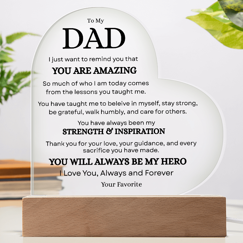 Personalized heart-shaped Dad acrylic plaque displayed as meaningful home decor gift