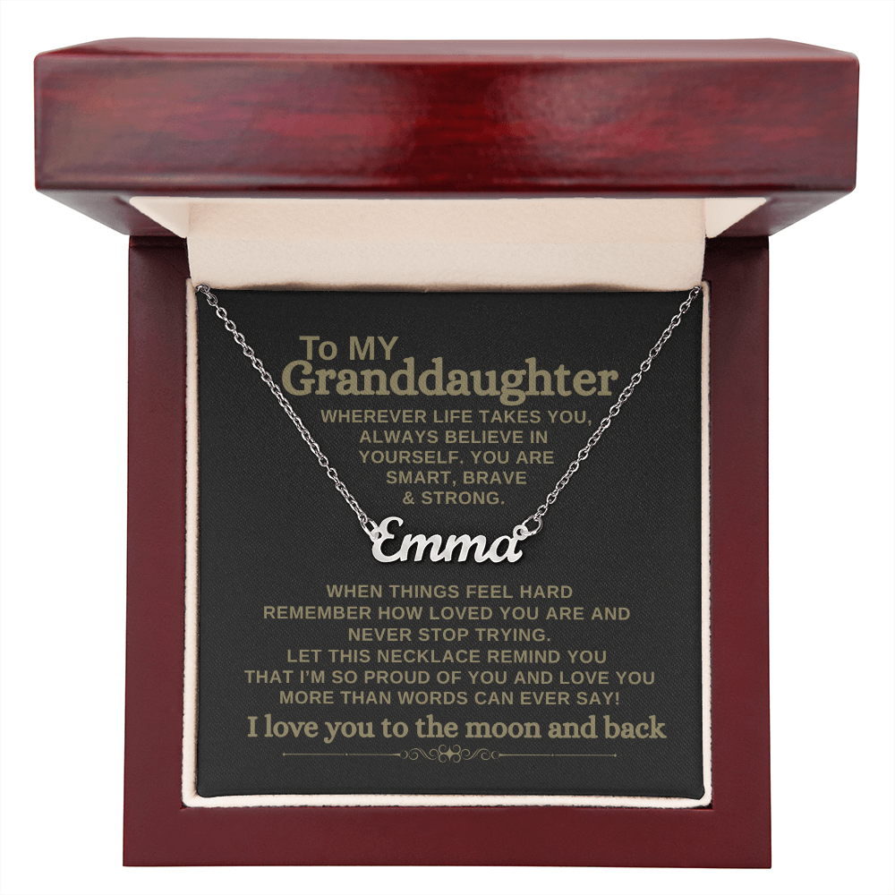 To My Granddaughter – Custom Name Necklace with Personalized Message Card in Mahogany gift box